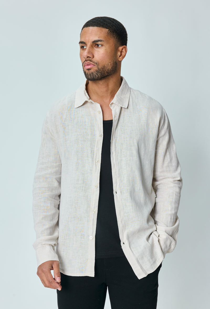 Long-sleeved plain linen shirt