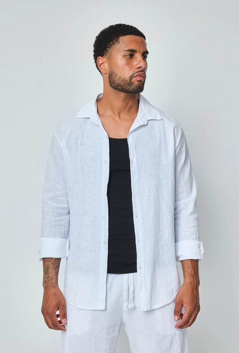 Long-sleeved plain linen shirt