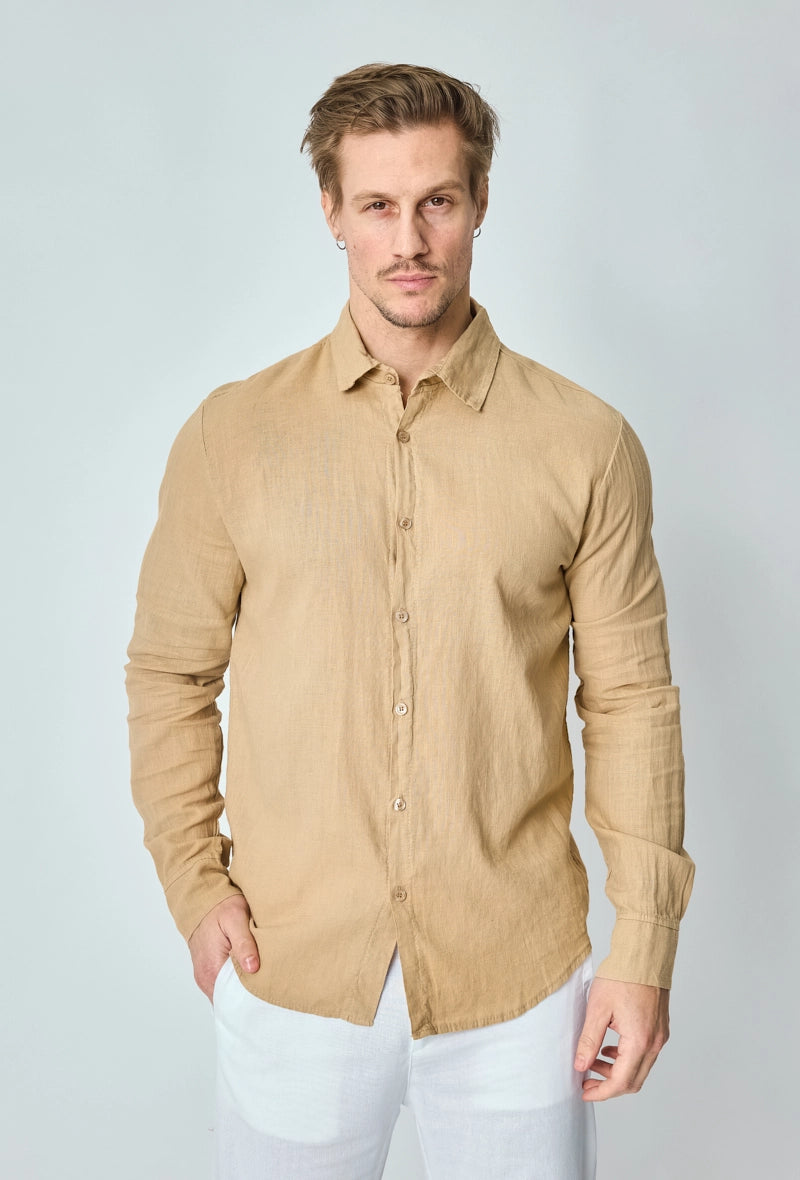 Long-sleeved plain linen shirt