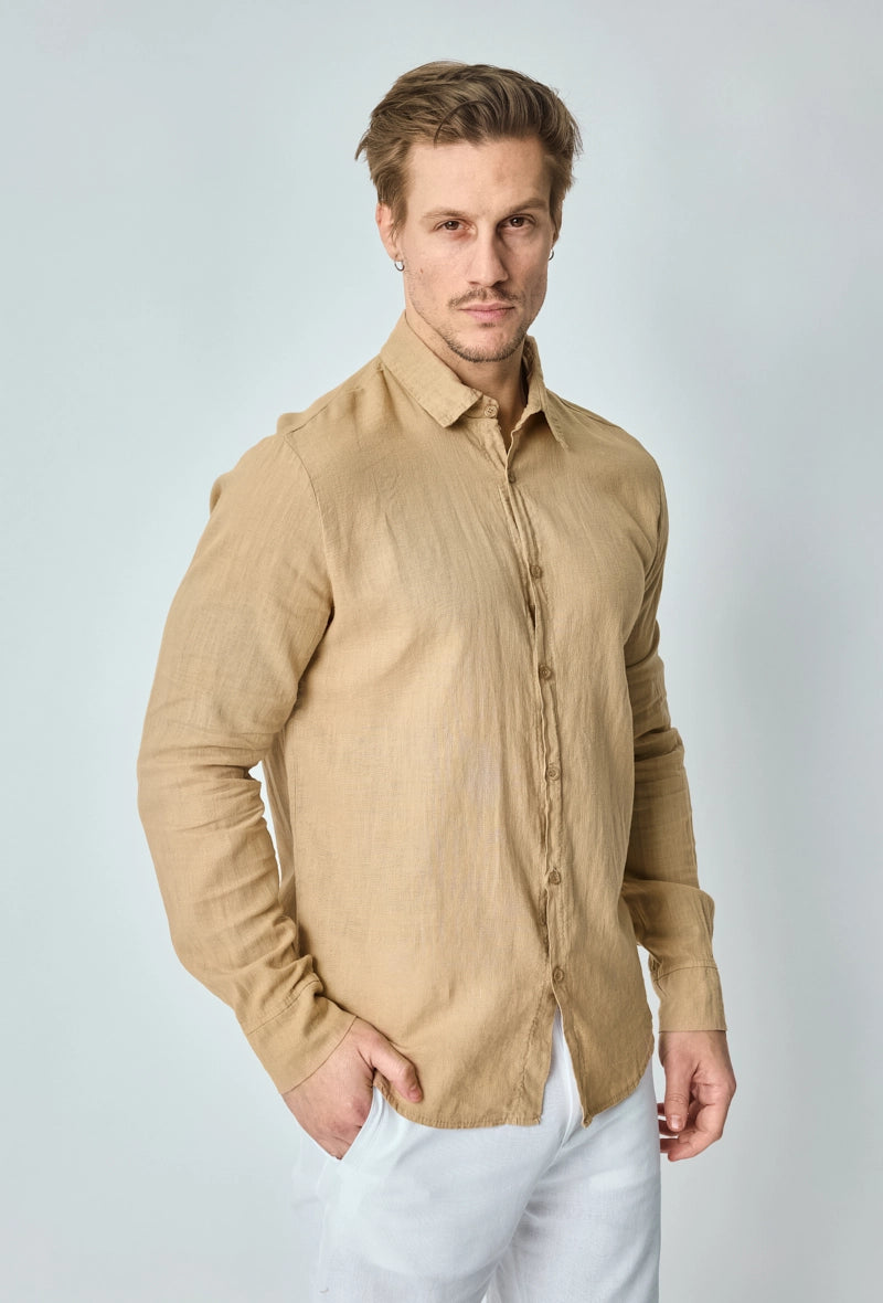 Long-sleeved plain linen shirt