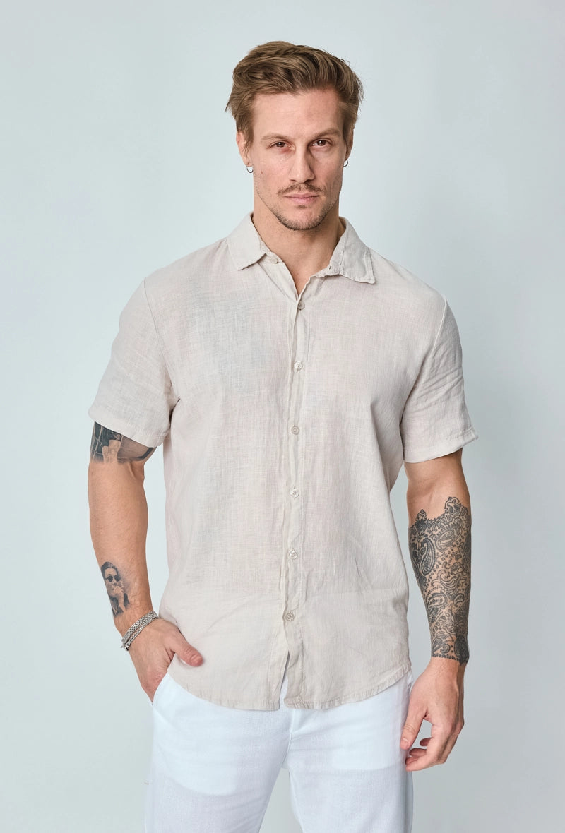 Short-sleeved plain linen shirt