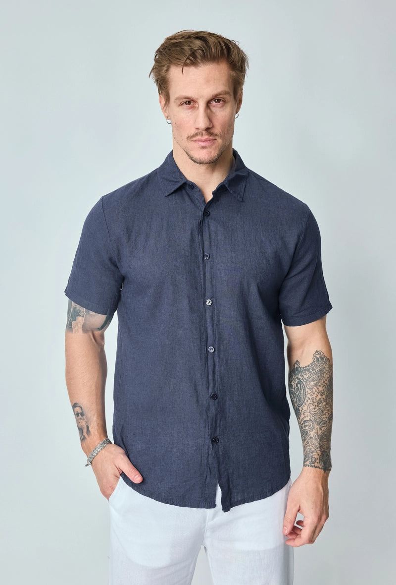 Short-sleeved plain linen shirt