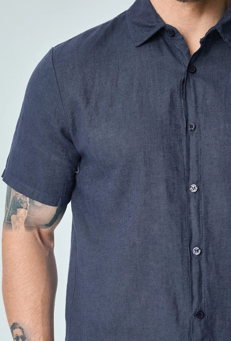 Short-sleeved plain linen shirt