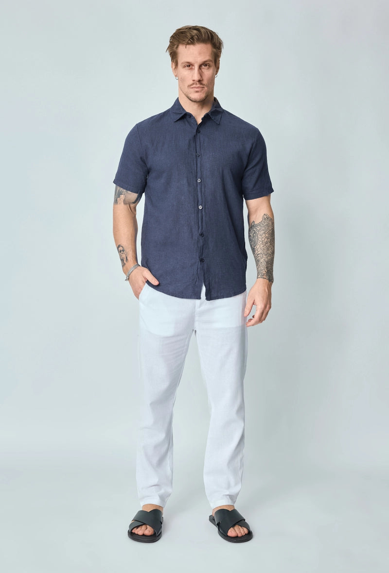 Short-sleeved plain linen shirt