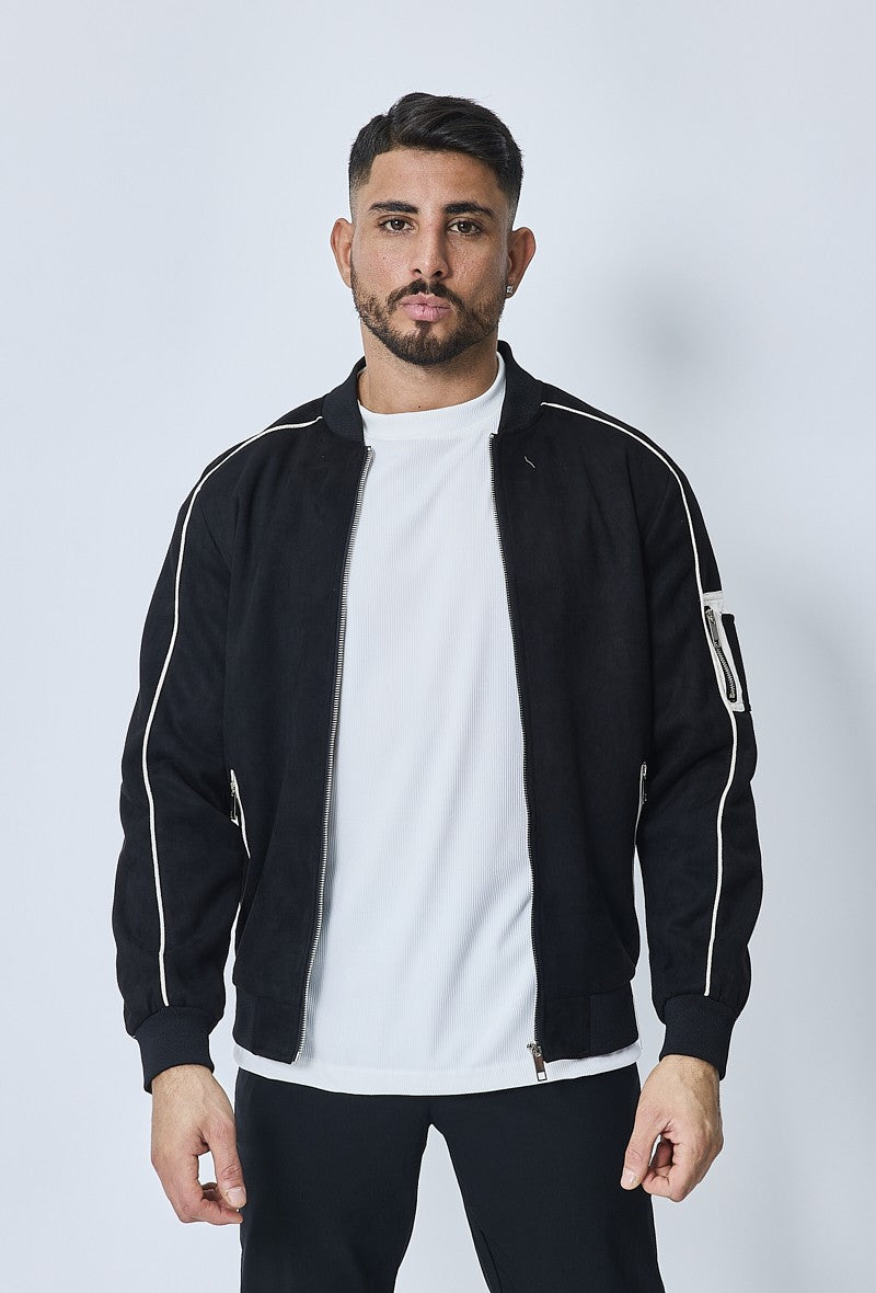 Veste bomber simili daim à liseré sur les manches - Frilivin