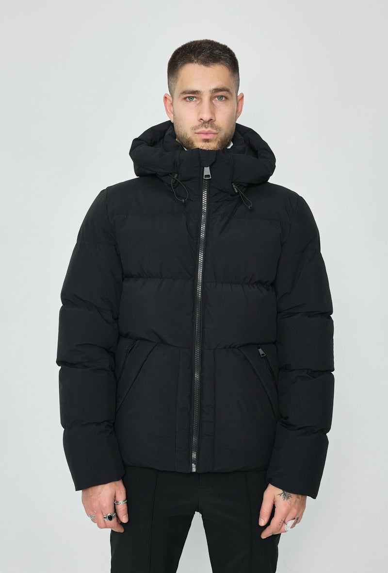 Quilted down jacket with adjustable hood