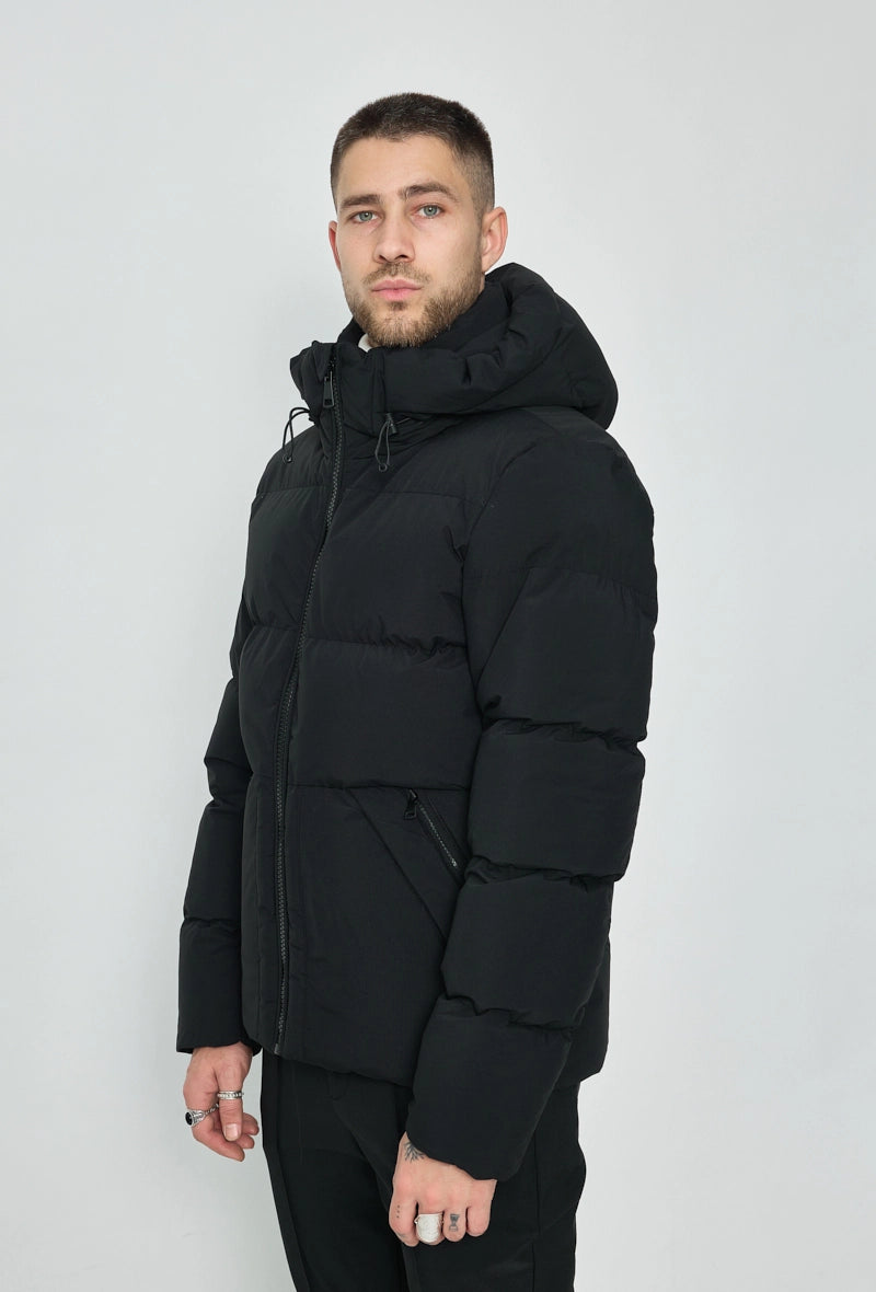 Quilted down jacket with adjustable hood