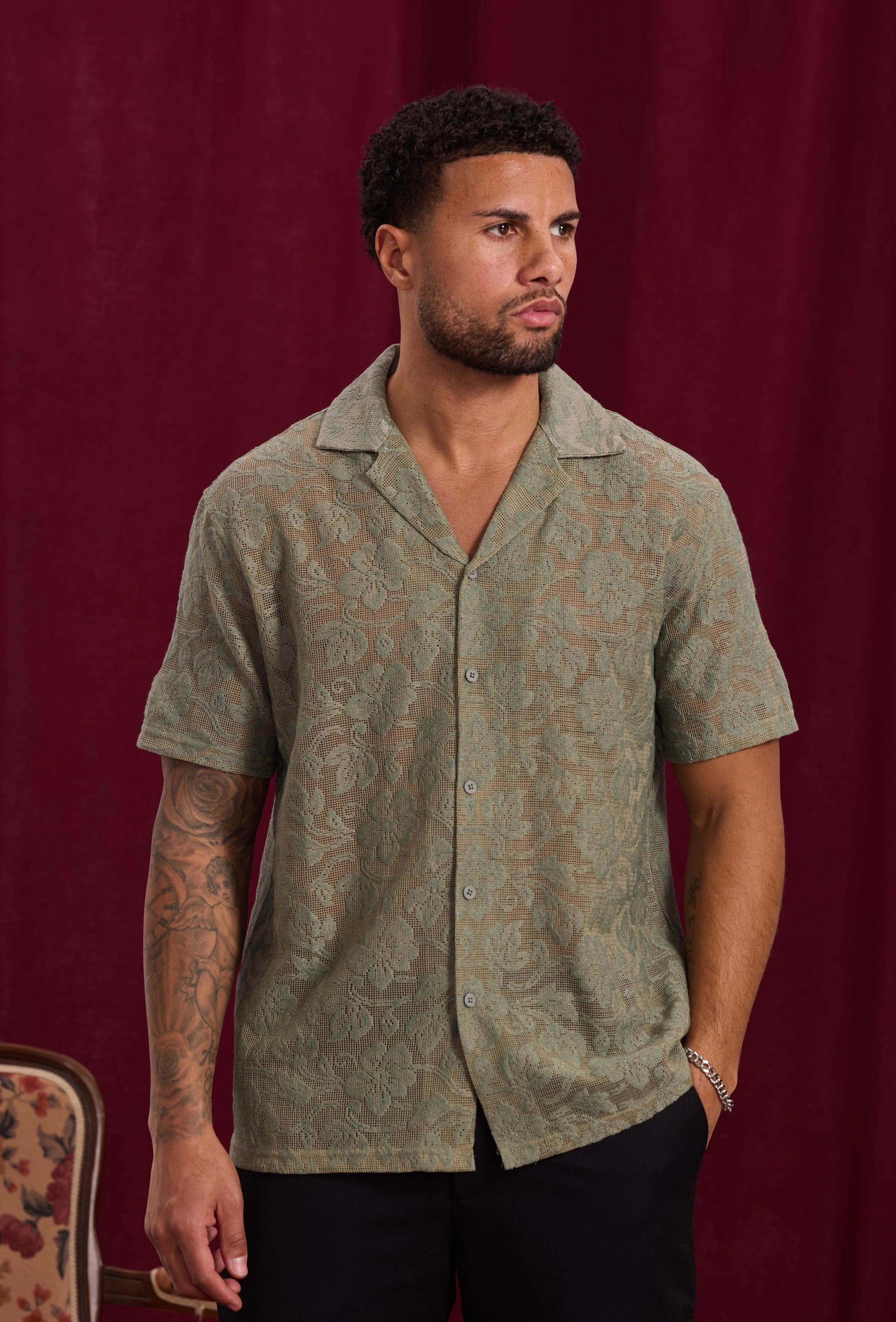 Short-sleeved shirt with tone-on-tone pattern