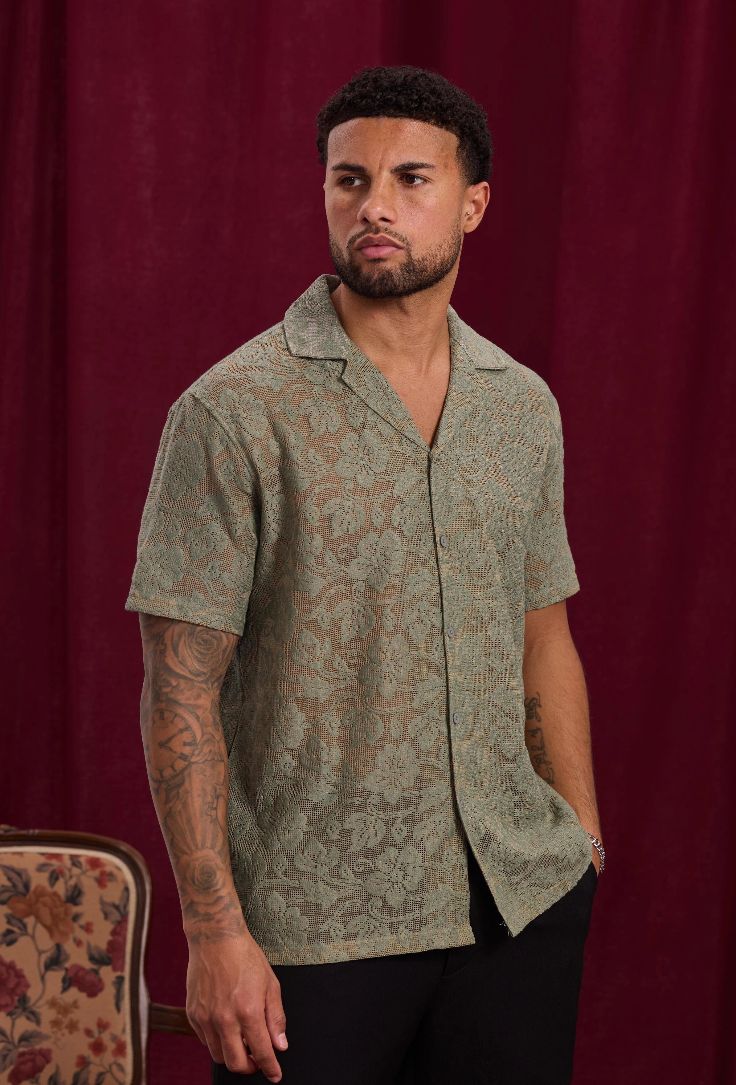 Short-sleeved shirt with tone-on-tone pattern