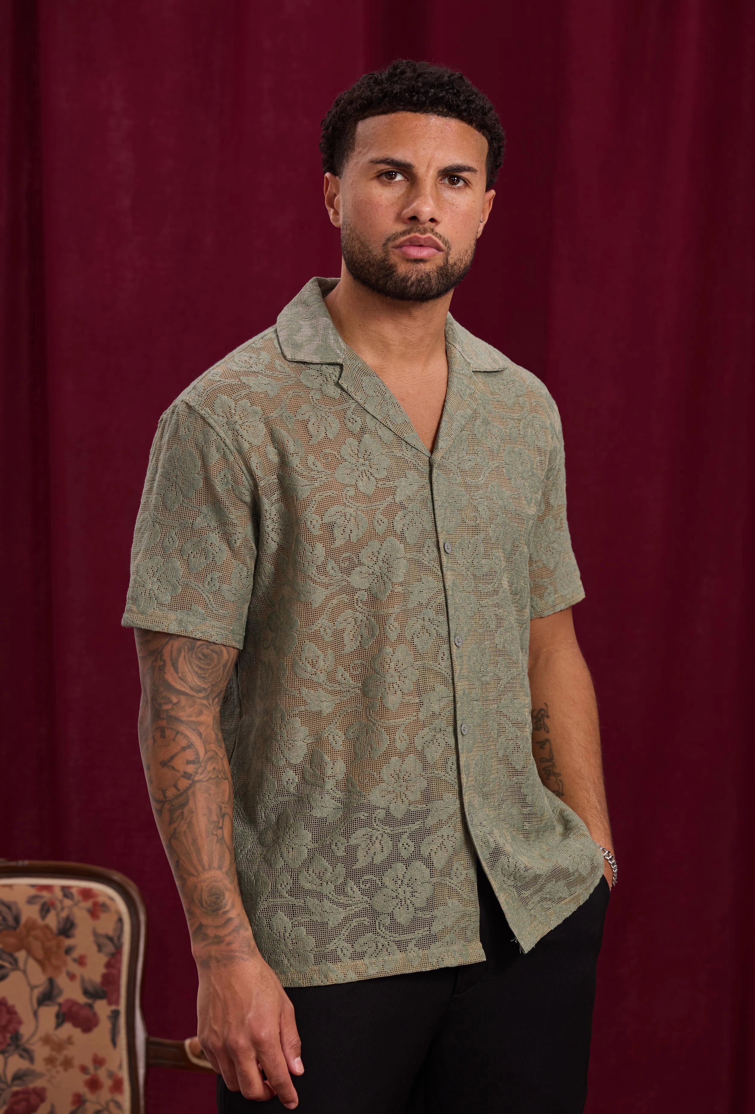 Short-sleeved shirt with tone-on-tone pattern