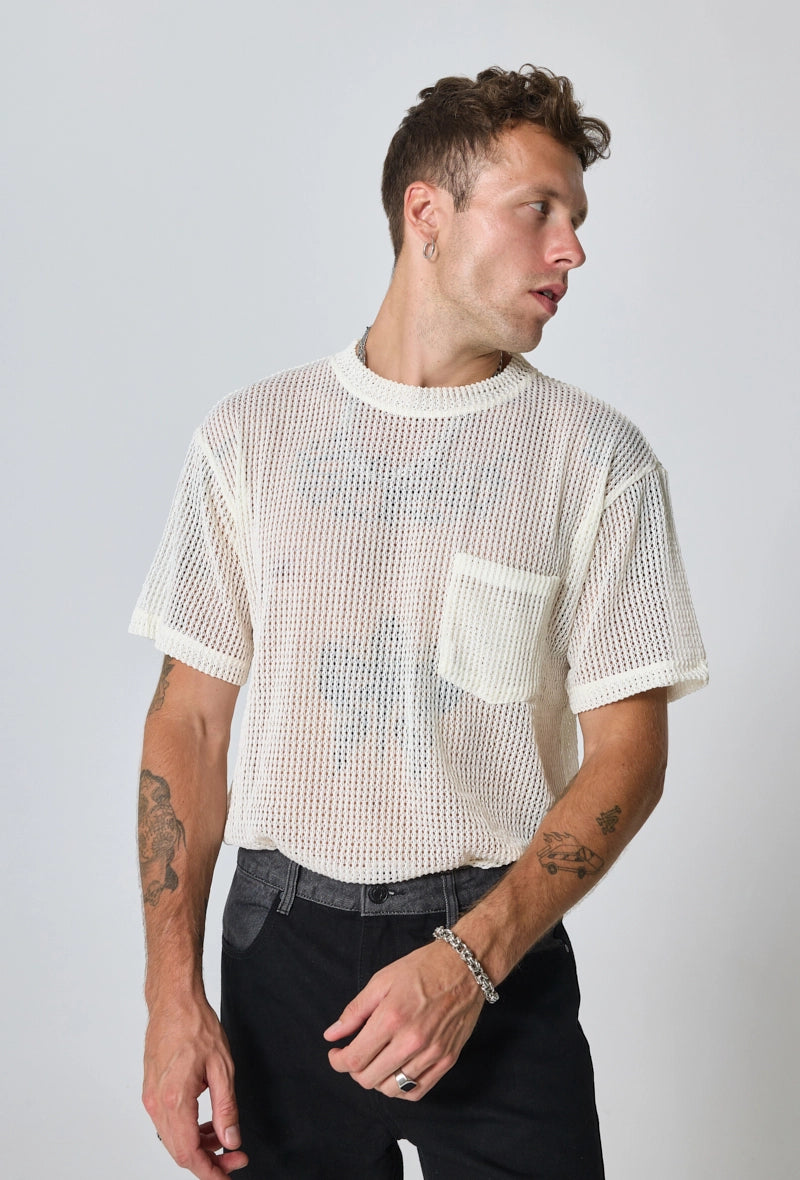 Plain T-shirt in transparent mesh, short sleeves, round neck