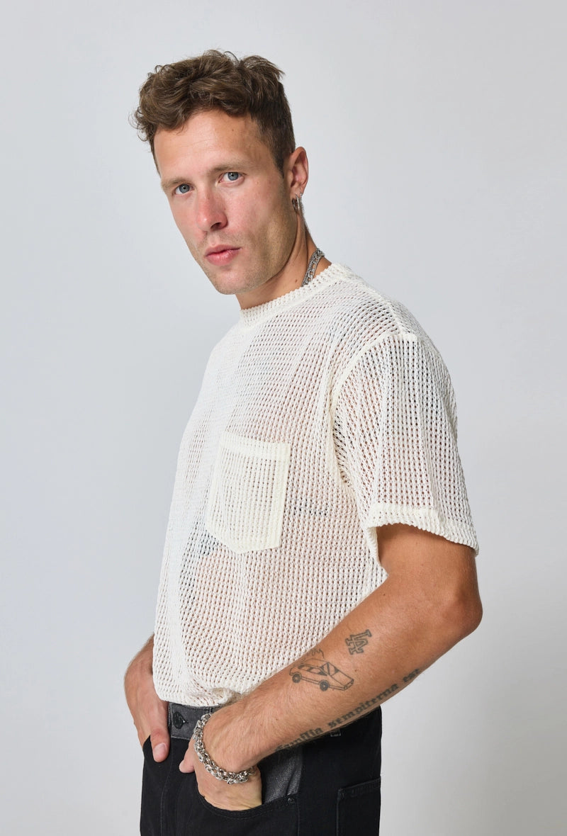 Plain T-shirt in transparent mesh, short sleeves, round neck