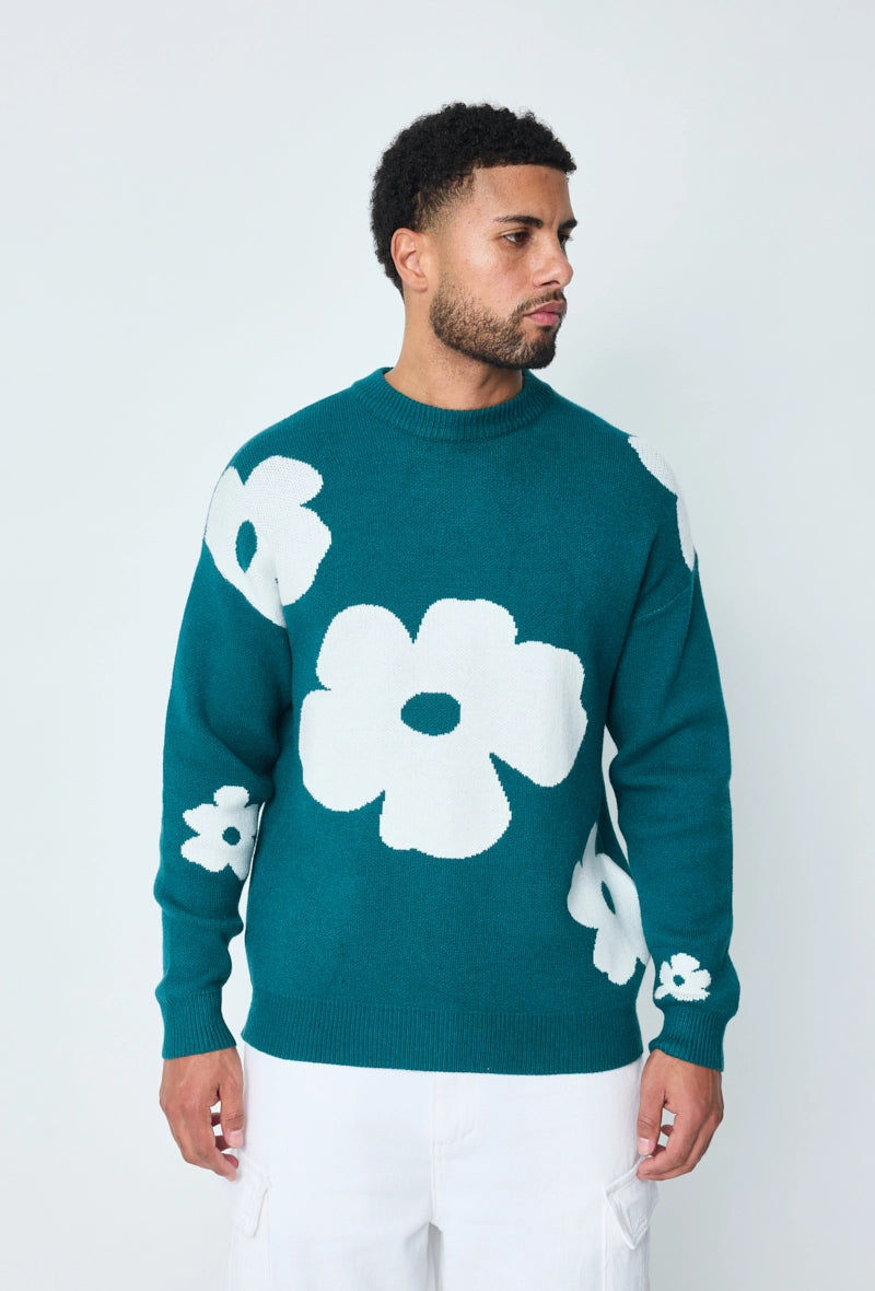 Pull col rond à motif grandes fleures