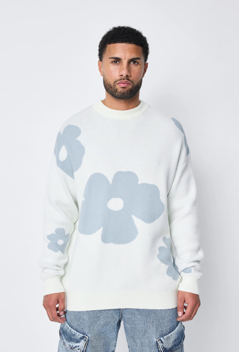 Pull col rond à motif grandes fleures